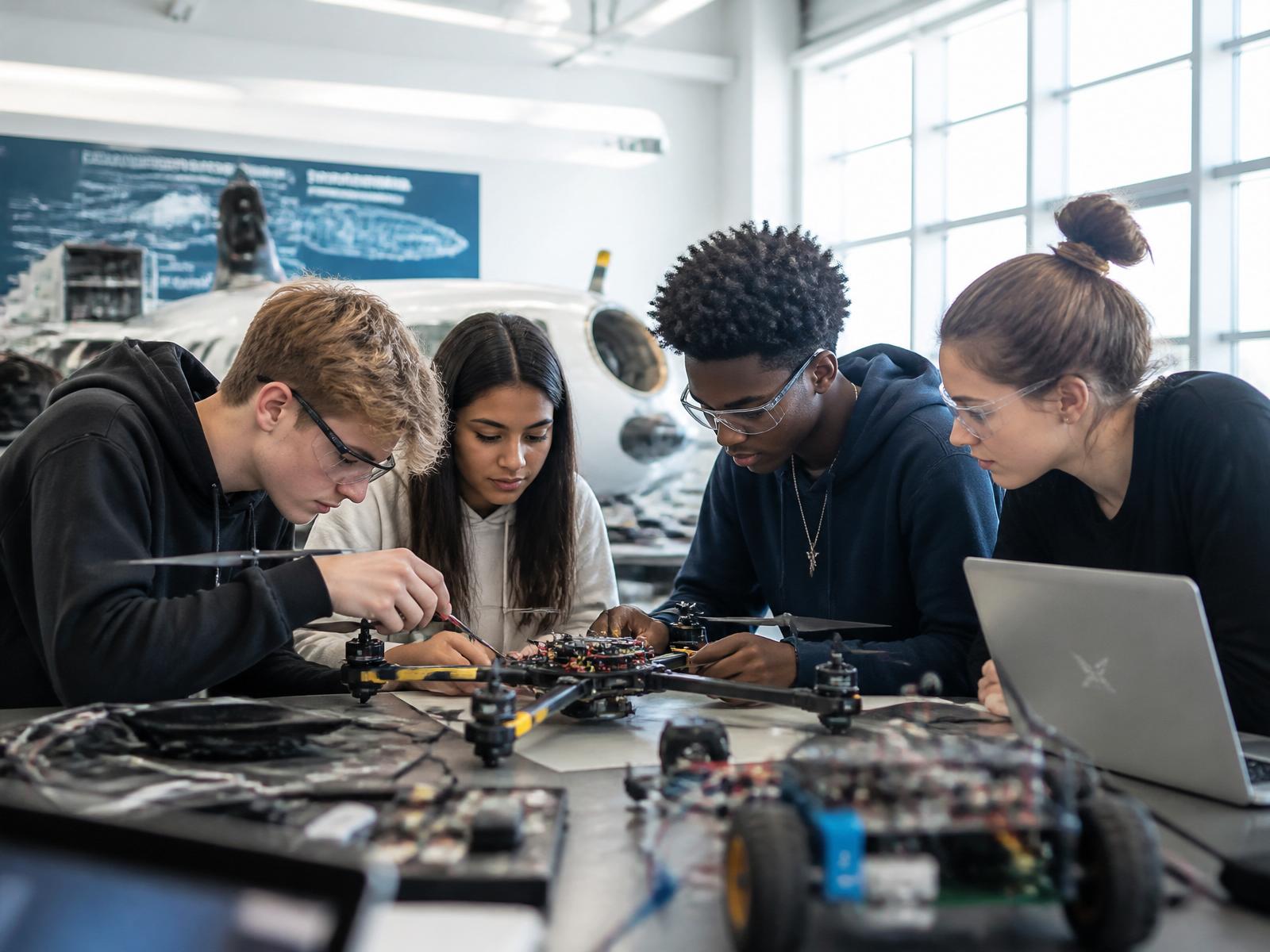 Students building drones in STEM lab